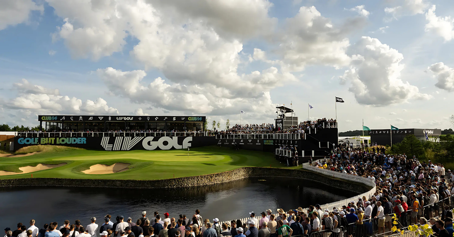 LIV Golf tournament grandstand with crowds gathered around the finishing hole
