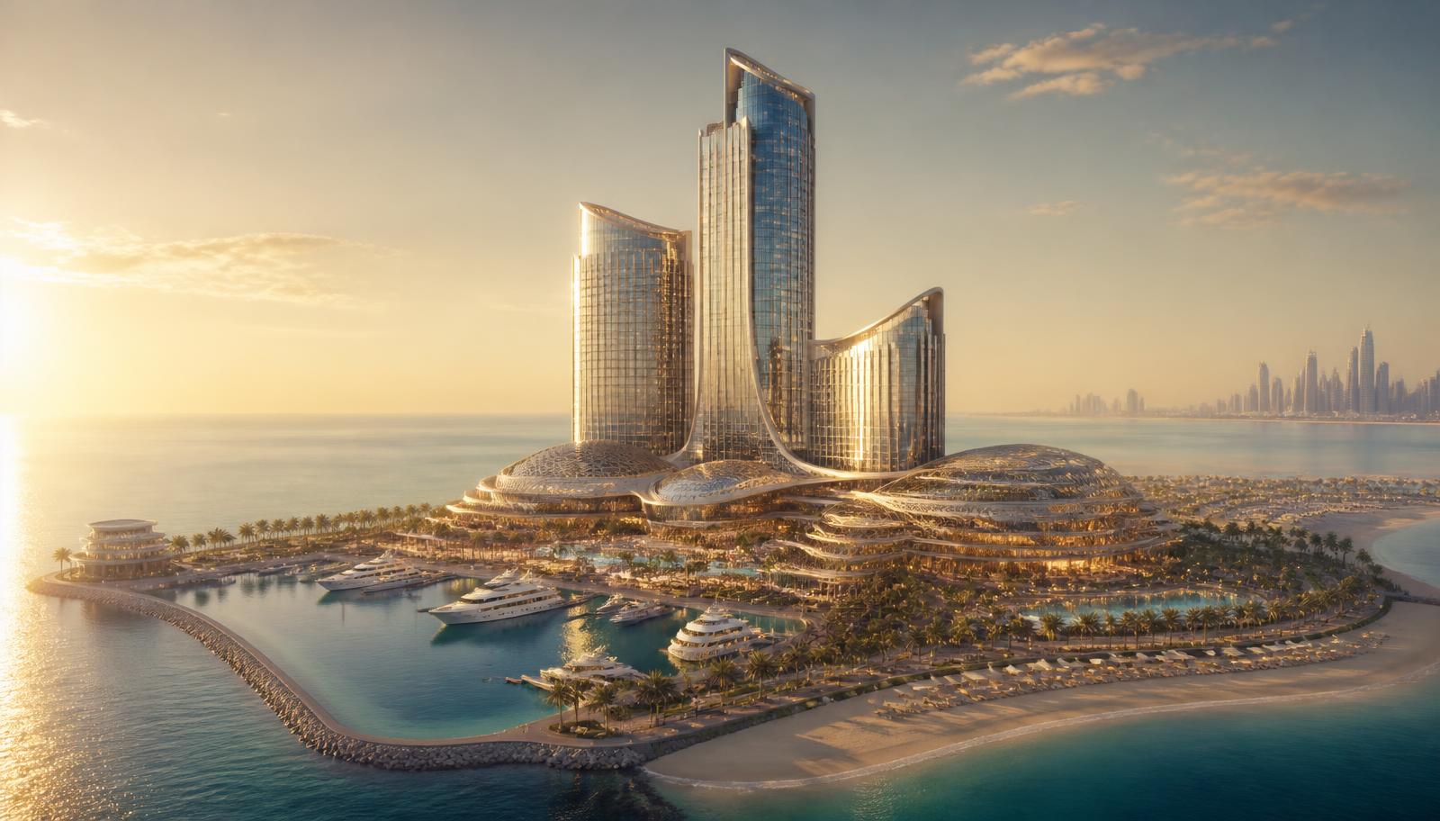 Illustration of an integrated beach resort and casino tower complex on a man-made island in Ras Al Khaimah, United Arab Emirates